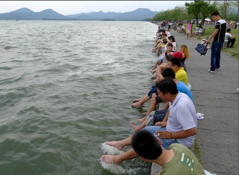 酷暑下游客贪凉快杭州西湖成了“洗脚池”